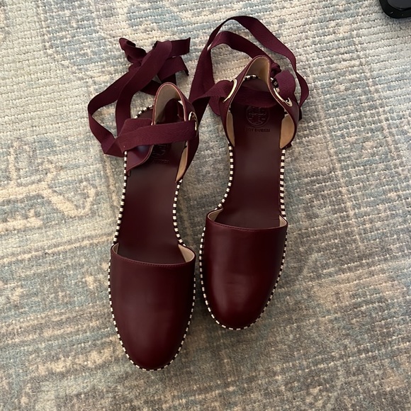 TORY BURCH Dandy Burgundy Leather Espadrille Platform Shoe - Picture 4 of 6